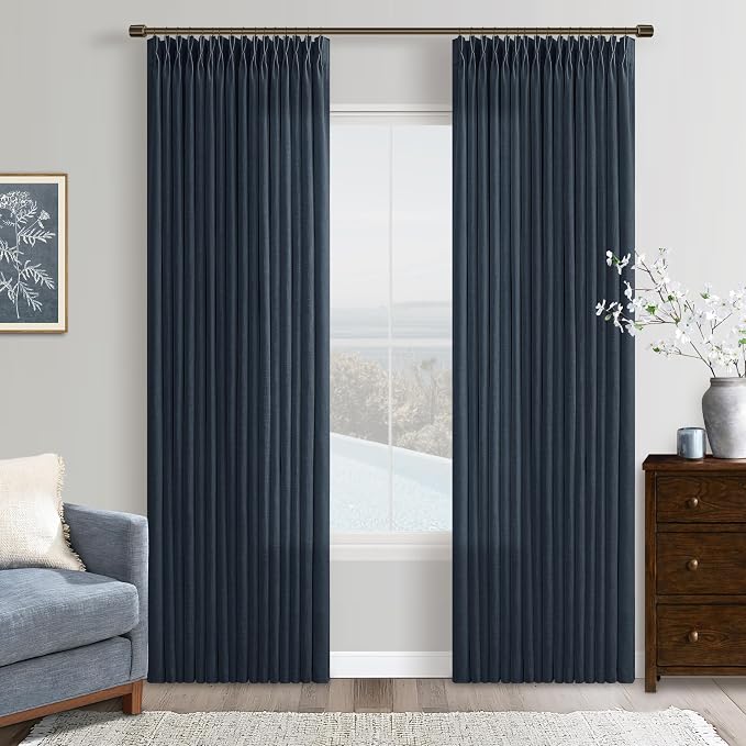 Thick Linen Pleat Dark Blue Semi Sheer Privacy Curtains 50 by 86 2 Panels | 86 by Twodrapes