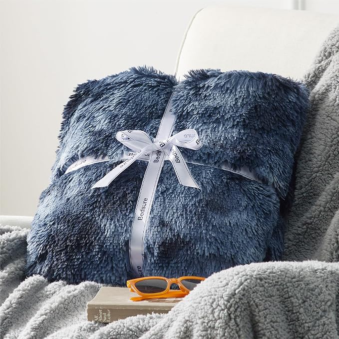 Bedsure GentleSoft Fluffy Tie Dye Navy Blue Blankets Queen Size - Image 6