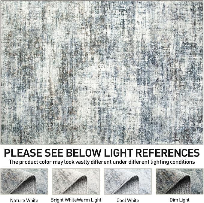 5x7 Area Rugs for Living Room: Washable Abstract Blue Multi Badroom Carpet | - Image 7