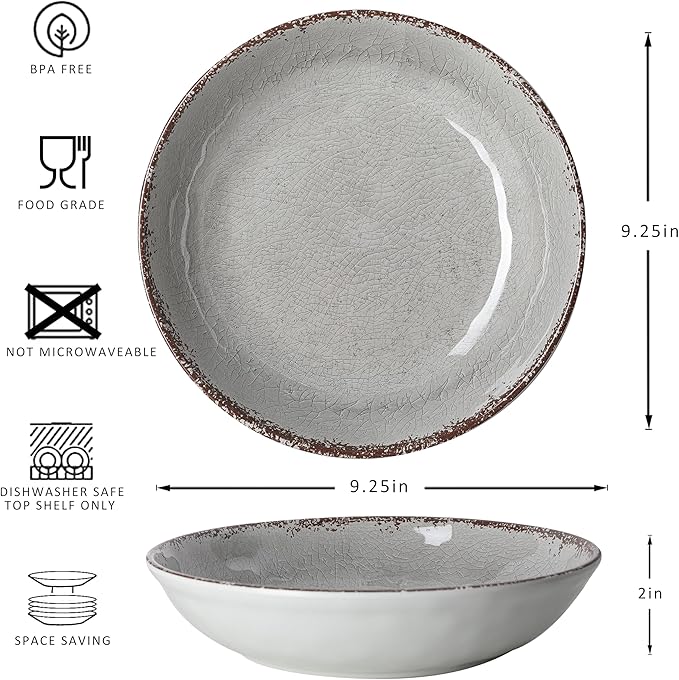LEHAHA Farmhouse Melamine Pasta Bowl, 9.25 inch Large Salad Bowls, Set of 6, Unbreakable 100% Melamine Serving Bowls Set for Dinner, Wide and Shallow Bowls Set, Dishwasher Safe, Grey…
