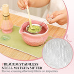 Matcha Whisk Set, Pink Matcha Set, 8 Pcs Complete Ceramic Matcha Making Kit with Bowl, Bamboo Whisk & Holder, Stainless Sifter, Tea Towel, Scoop & Scoop Rest, Perfect for Beginners & Lovers