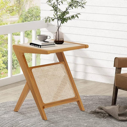 Aklaus Rattan Side Table Boho Small end Table mid Century Living Room Wooden - Image 5