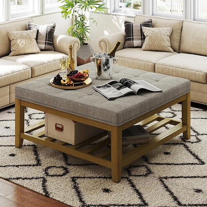 Befurtori Large Square Ottoman Coffee Table, Linen Solid Upholstered Footrest by Befurtori