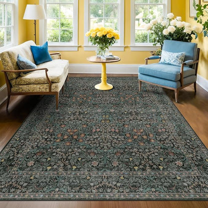 Washable Vintage 5x8 Living Room Rug, Dark Green Floral Area Rug - Image 9