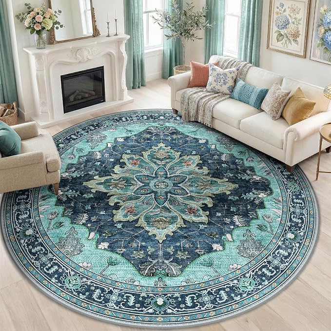 RELEANY Washable Area Rug, Round 8ft, Teal | Non-Slip, Water Repellent by RELEANY