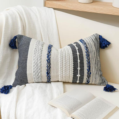 Decorative Lumbar Throw Pillow Cover 14x24 Boho Dark Blue Accent Cushion by BlissBlush