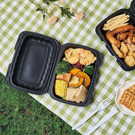 FULING 9X6 1-Compartment 50-Pack Plastic Clamshell Containers Food To Go Box Heavy Duty Disposable Hinged With Secure Snap Lid
