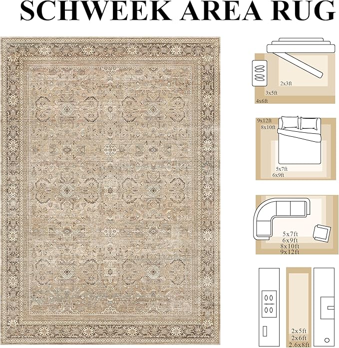 Schweek 9x12 Area Rug Khaki Vintage Distressed Washable Rugs - Image 2