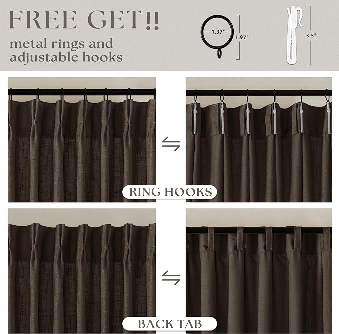 Dark Chocolate 96 Inch Pinch Pleated Semi Sheer Linen Curtains 2 Panels | - Image 5