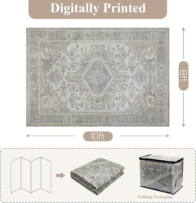 8x10 Washable Area Rugs for Living Room, Dining Room- Retro Taupe | Ultra Soft - Image 2