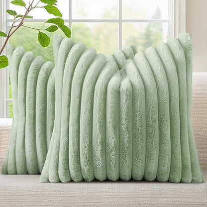 decorUhome Fall Faux Fur Throw Pillow Covers 26x26 Set of 2 Sage Green | by decorUhome