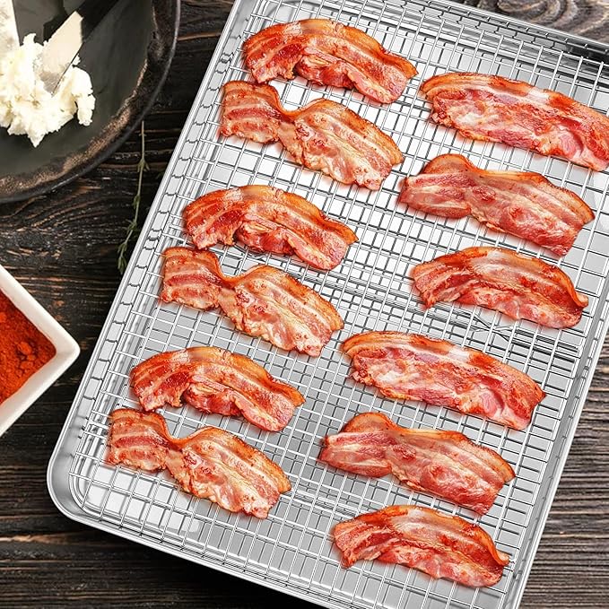Cooling Rack Set of 2, E-far Stainless Steel Baking Rack for Oven Roasting Cooking Bacon Cooling Cookie Cake, 15.3” x 11.2” Metal Bakeable Mesh Grilling Wire Racks, Non-toxic & Dishwasher Safe