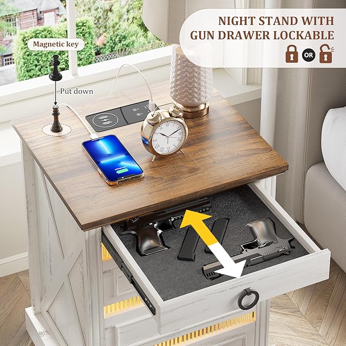 Farmhouse Night Stand with Gun Drawer, Bedside Table with Charger Station - Image 3