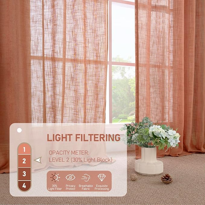 Short Linen Window Curtains 30 Inches Long 2 Panels, Terracotta Semi Sheer - Image 5