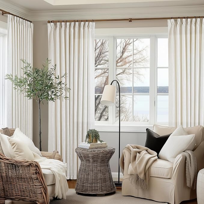 Natural Extra Wide 60 Inch Width Pinch Pleated 90 Inch Curtains | Thick Linen by Twodrapes