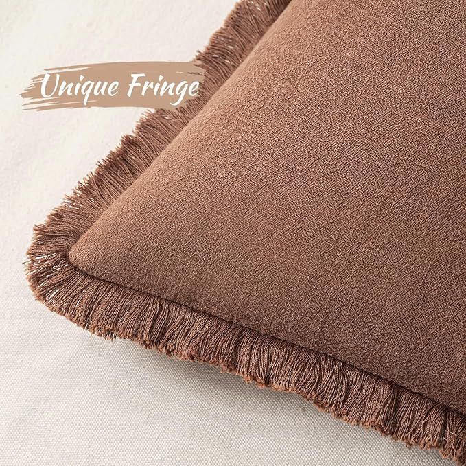 MIULEE Boho Linen Fringe Decorative Fall Throw Pillow Covers Brick 18x18 | Set - Image 2