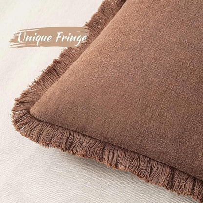 MIULEE Boho Linen Fringe Decorative Fall Throw Pillow Covers Brick 18x18 | Set - Image 2