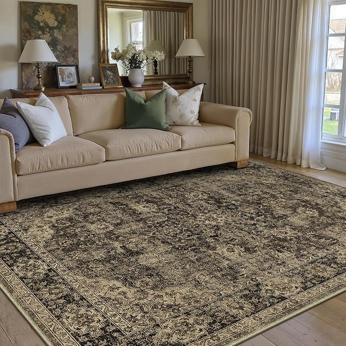 3x5 Brown Retro Floral Washable Area Rug - Image 3