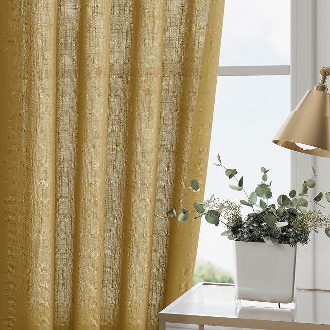 Gold Linen Curtains 102 Inches Long Rod Pocket Back Tab Drapes 2 Panels Set - Image 4
