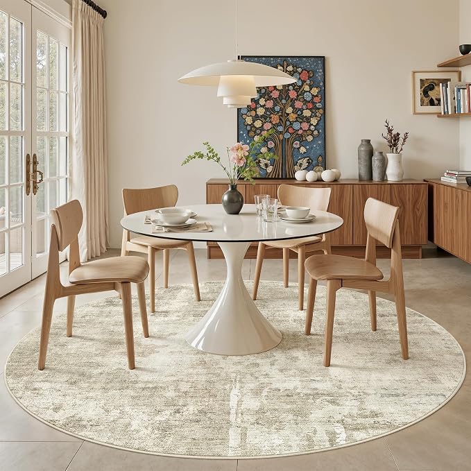 Soalmost Round Rugs 8ft Living Room Circle Area Rug 8x8 Beige/Gray Vintage | - Image 4