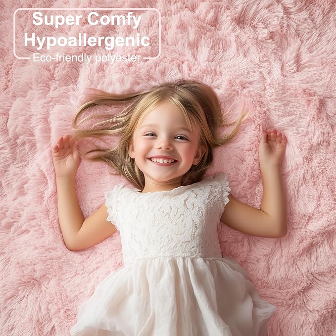 Pink Fluffy Plush Area Rug 5x8, Kids Shag Rugs - Image 2
