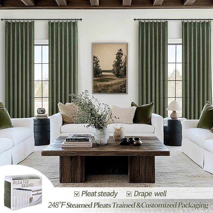Dark Green Textured Linen Blend Curtains 102 Inches Long - Image 5