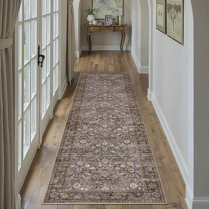 2x10 Brown Blue Vintage Floral Washable Runner Rug - Image 2