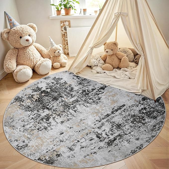 Round Rug 6ft Washable Rug for Dining Room Living Room Black Grey Gold | Modern - Image 4