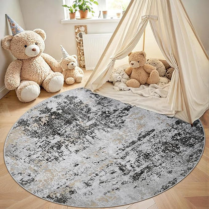 Round Rug 5ft Washable Rug for Dining Room Living Room Black Grey Gold | Modern - Image 4