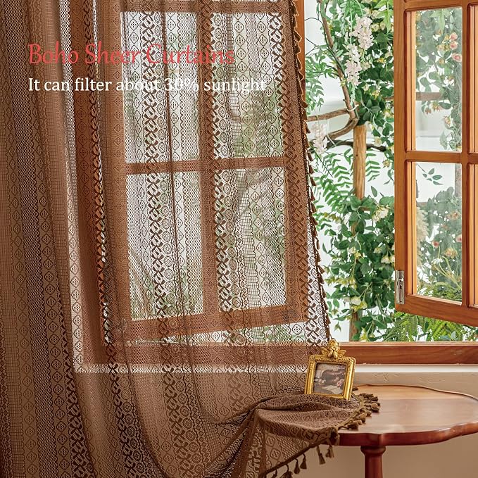 Sutuo Home Dark Coffee Boho Lace Curtains 108 inches Long - Image 7