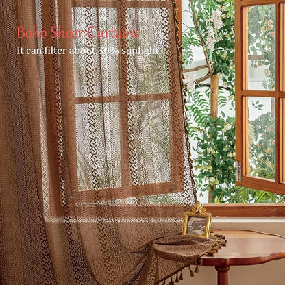 Sutuo Home Caramel Boho Curtains 2 Panels, Sheer Lace Curtains 90 Inches Long - Image 4