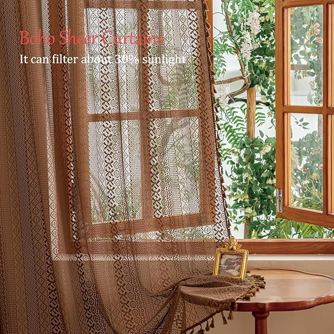 Sutuo Home Boho Lace Sheer Curtains 84 inches long, Bohemian Farmhouse Crochet - Image 3