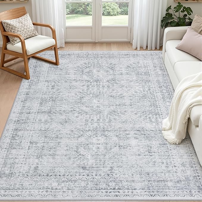 4x6 Area Rugs Living Room: Bedroom Neutral Washable Carpet Gray | Vintage Boho by Luxturiy