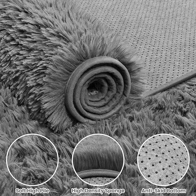 5x7 Fluffy Shag Area Rugs for Living Room Bedroom: Soft Carpet Light Gray | - Image 6