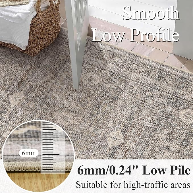 Schweek 5x7 Area Rugs for Living Room Taupe Washable Vintage Neutral Rug | - Image 4