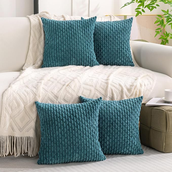 Set of 4 Teal Decorative Throw Pillow Covers 18x18 Inch Corduroy Pillow Covers - Image 8