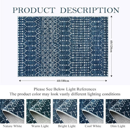 Lahome Moroccan Blue Carpet for Living Room 4x6 Area Rug Non-Slip Ultra-Thin - Image 2