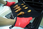 Kitchen Oven Gloves - Dual-Layer Heat Resistant Grilling Gloves, Silicone Oven Mitts with 5 Fingers, Waterproof Non-Slip Pot Holder for Barbecue, Cooking, Baking (Red)