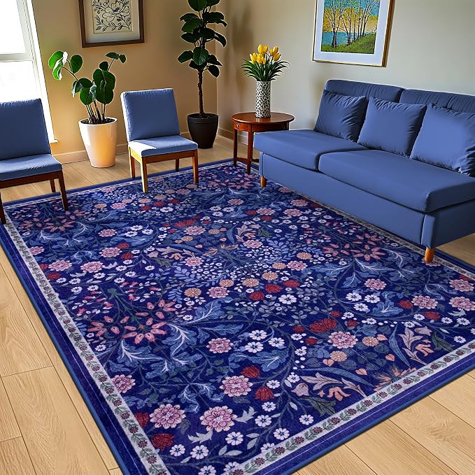PLHXFR Area Rug 9x12 Living Room: Floral Washable Boho Soft Carpet Blue | - Image 2