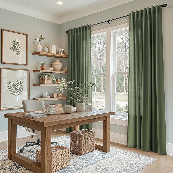 Forest Green Linen Curtains for Living Room 72 Inches Long Light Filtering Semi - Image 6