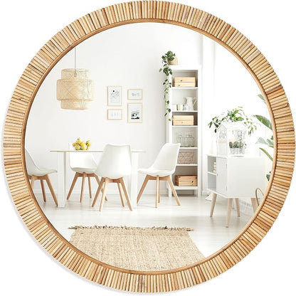 Barnyard Designs Round Rattan Wall Mirror, Natural Tan Woven Rattan Frame by BarnyardDesigns