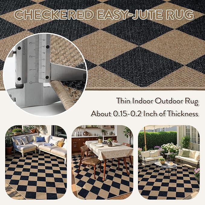 Lahome Checkered Easy Jute 6x9 Area Rugs, Outdoor Patio Rug Washable | - Image 4