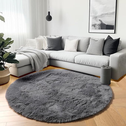 Grey Round Area Rug 4ft, Fluffy Plush Shaggy Carpet Mats - Image 8