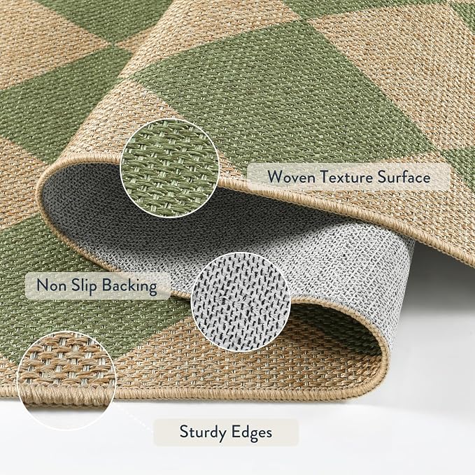Lahome Checkered Easy Jute 5x7 Area Rug, Outdoor Patio Rugs Washable Green | - Image 5