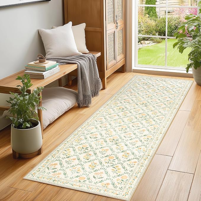 PLHXFR 2x5 Washable Runner Rug：Floral Indoor Kitchen Carpet Beige Multi | - Image 3