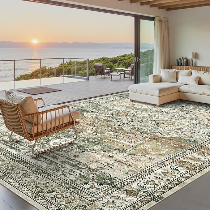 Soalmost 9x12 Area Rugs for Living Room Washable Rug Non-Slip Olive Beige | - Image 2