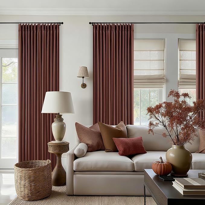 Maroon Blackout Pinch Pleated Linen Curtains 105 Inches Long | Thermal Insulted - Image 9