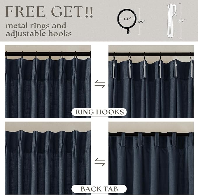 Navy 90 Inch Linen Semi Sheer Curtains Pinch Pleated 2 Panels | Light Filtering - Image 5