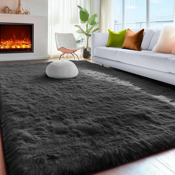 Black Fluffy Area Rugs for Bedroom 5x7, Soft Shaggy Washable Farmhouse Rugs | - Image 9