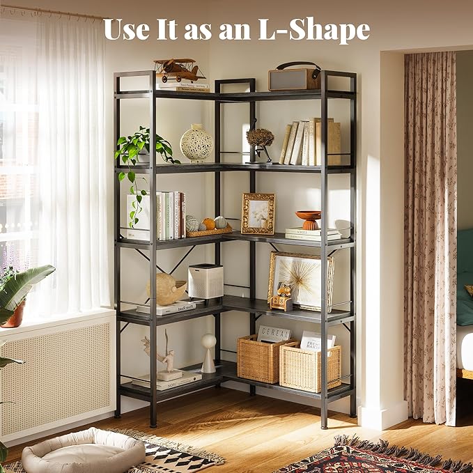 Huuger 5 Tier Bookshelf, L Shaped Corner Bookshelf - Image 6